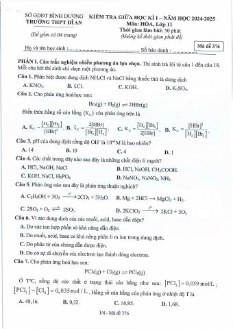 Đề thi Giữa kì 1 Hóa học 11 năm 2024-2025 trường THPT Dĩ An (Bình Dương)